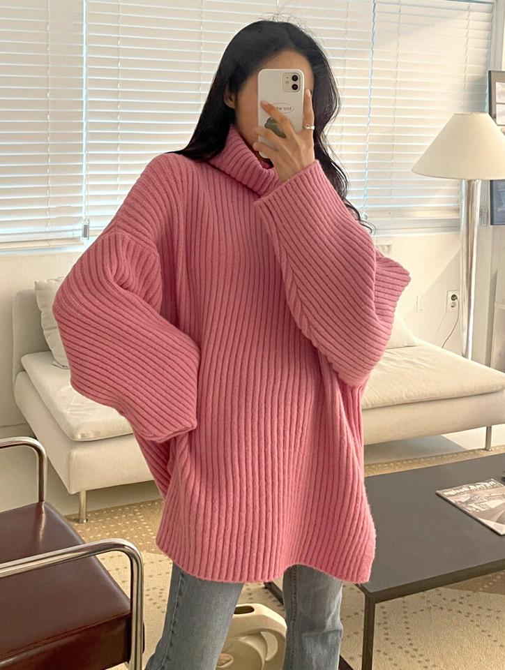 タートルネックスリットルーズニット・全5色・t66387 レディース 【tops】韓国ファッション トップス ニット 大人 長袖 タートルネック スリット ルーズ アンバランス カラーニット 異素材 無地 シンプル 体型カバー フェミニン カジュアル 秋 冬