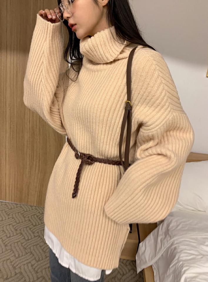 タートルネックスリットルーズニット・全5色・t66387 レディース 【tops】韓国ファッション トップス ニット 大人 長袖 タートルネック スリット ルーズ アンバランス カラーニット 異素材 無地 シンプル 体型カバー フェミニン カジュアル 秋 冬
