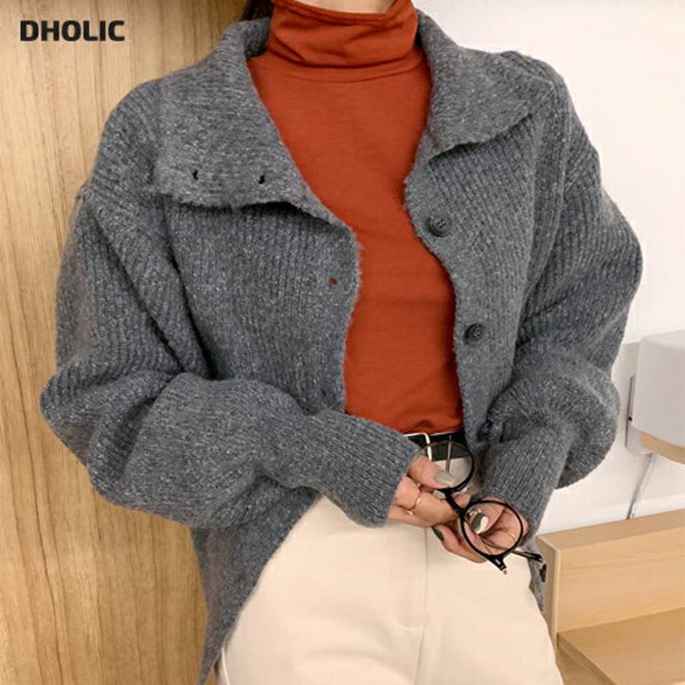 ハイネックリブニットカーディガン・全3色・t66389 レディース 【cd】韓国ファッション トップス カーディガン カーデ 長袖 ハーフネック リブ ニットカーディガン ボタン モダン 大人 ルーズ 異素材 無地 シンプル カジュアル 細身 体型カバー 秋 冬