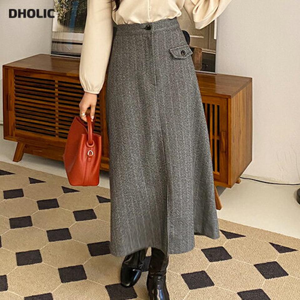 ウール混ヘリンボーンスカート・全2色・t66369 レディース 【sk】韓国ファッション ボトムス スカート ロング ロングスカート ウール混 ヘリンボーン スリット Aライン ロング丈 シンプル 大人 カジュアル フェミニン 体型カバー 秋 冬