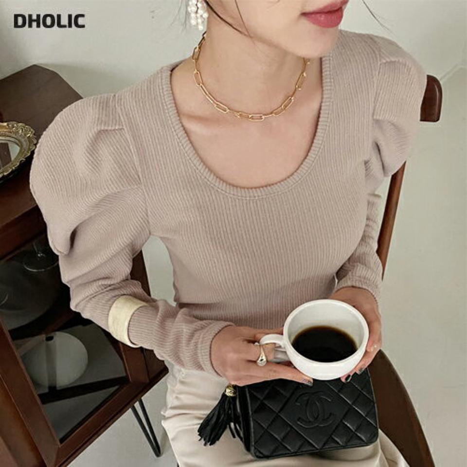 起毛リブパワショルTシャツ・全4色・t00489 レディース 【tops】トップス Tシャツ 長袖 パフショルダー パフ袖 起毛 単色 無地 シンプル フェミニン リブ 秋 冬 韓国ファッション ハイホリHIHOLLI