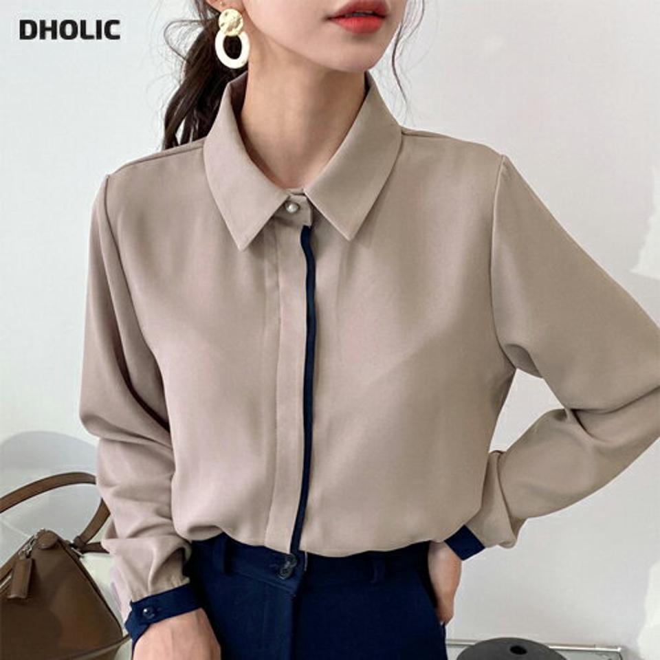 【タイム特価】≪人気商品再入荷≫配色パール調ボタンブラウス・全4色・e58631 レディース 【bl】韓国ファッション トップス ブラウス 長袖 カラーネック 配色 パール調 ボタン シフォン シンプル 大人 カジュアル フェミニン 秋 冬 【TS】セール