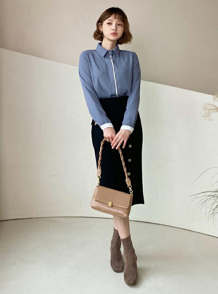 【タイム特価】≪人気商品再入荷≫配色パール調ボタンブラウス・全4色・e58631 レディース 【bl】韓国ファッション トップス ブラウス 長袖 カラーネック 配色 パール調 ボタン シフォン シンプル 大人 カジュアル フェミニン 秋 冬 【TS】セール