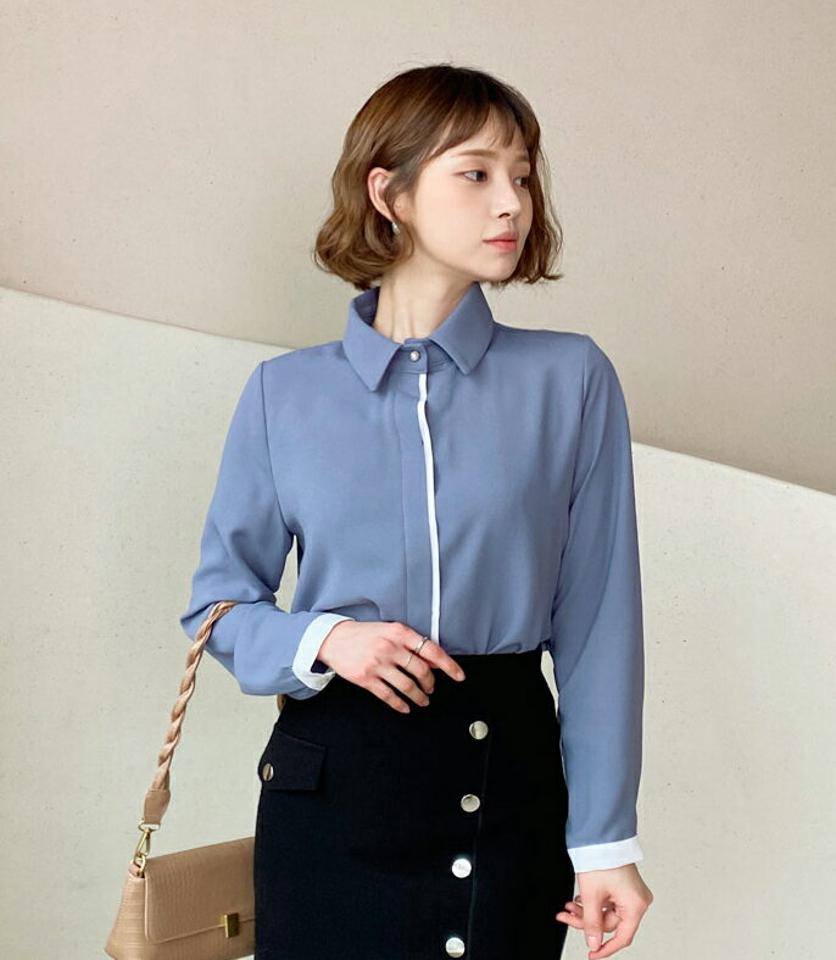 【タイム特価】≪人気商品再入荷≫配色パール調ボタンブラウス・全4色・e58631 レディース 【bl】韓国ファッション トップス ブラウス 長袖 カラーネック 配色 パール調 ボタン シフォン シンプル 大人 カジュアル フェミニン 秋 冬 【TS】セール