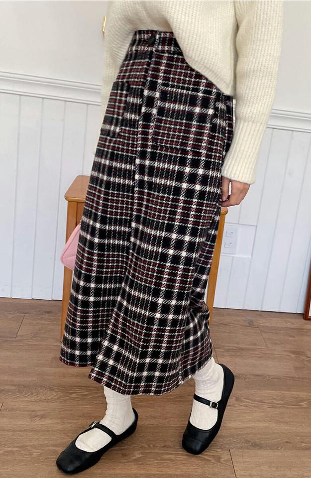 2TYPEポケットスカート・全3色・t63349 レディース 【sk】韓国ファッション ボトムス スカート ロング ロングスカート ポケット ウール混 スリット ロング丈 チェック 無地 シンプル 大人 カジュアル フェミニン 体型カバー 秋 冬
