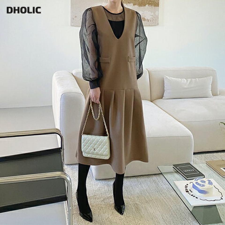 【10%OFF】Vネックタックノースリワンピース・全2色・t71274 レディース 【ops】ワンピース ロング丈 ロングワンピース スリーブレス ノースリーブ Vネック タック 単色 無地 シンプル フェミニン 大人 かわいい 秋 冬 韓国ファッション ハイホリHIHOLLI【opsセール】