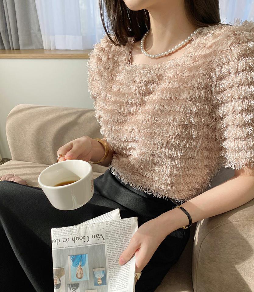 フリンジスクエアネックブラウス・全3色・b71278 レディース 【bl】トップス ブラウス 半袖 ハーフスリーブ フリンジ スクエアネック フェミニン 個性的 ユニーク パフスリーブ パフ袖 可愛い かわいい 秋 冬 春 韓国ファッション ハイホリHIHOLLI