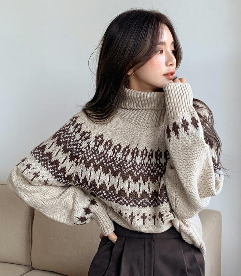 ノルディックパターンタートルネックニット・全4色・t63339 レディース 【tops】韓国ファッション トップス ニット 年上 大人 長袖 タートルネック ノルディックパターン 柄ニット ラグラン シンプル フェミニン 秋 冬