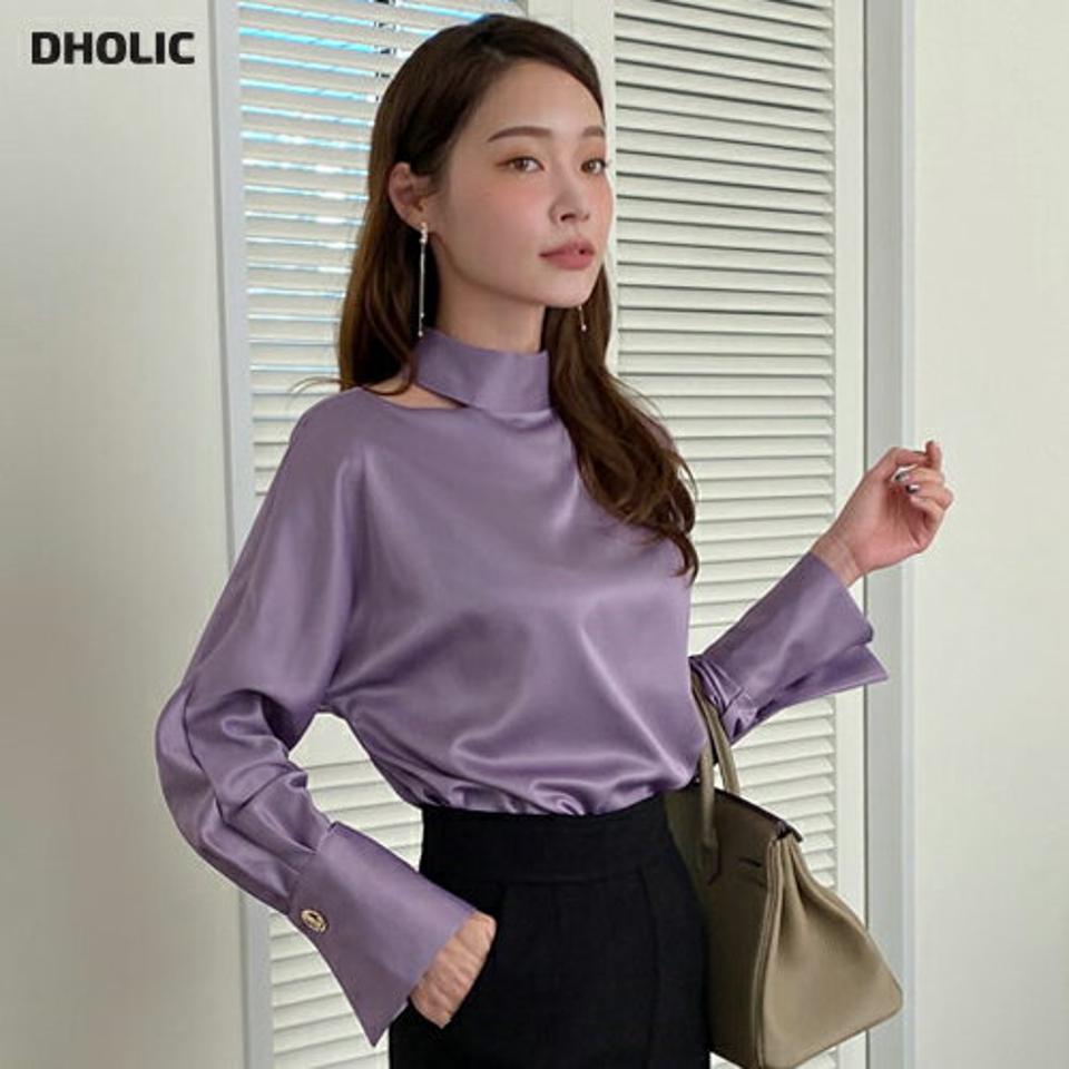 スリットワイドカフスブラウス・全3色・b71279 レディース 【bl】トップス ブラウス スリット カットアウト カラーアイテム ハーフネック 長袖 襟コン 個性的 ユニーク 単色 無地 シンプル 大人 秋 冬 韓国ファッション ハイホリHIHOLLI