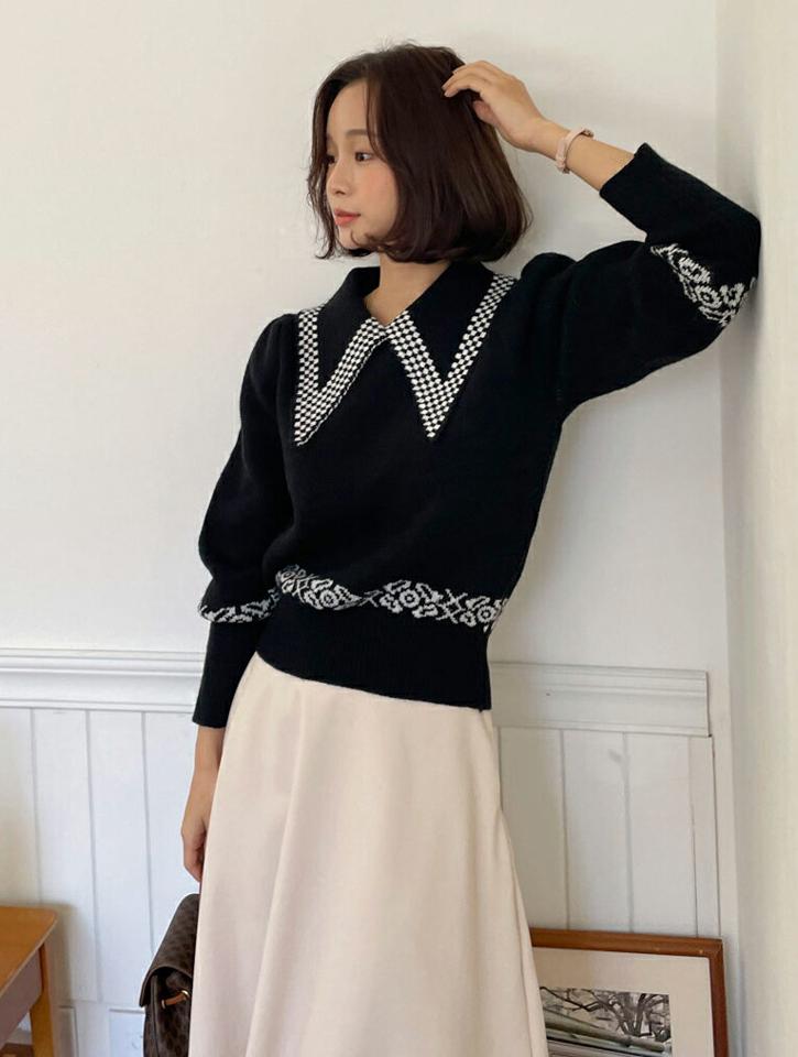 【只今10%OFF】マルチパターンパフカラーニット・全2色・b63336 レディース 【tops】韓国ファッション トップス ニット 大人 長袖 カラーネック マルチパターン 柄ニット パフスリーブ 配色 シンプル 体型カバー フェミニン カジュアル 秋 冬【ニットセール】