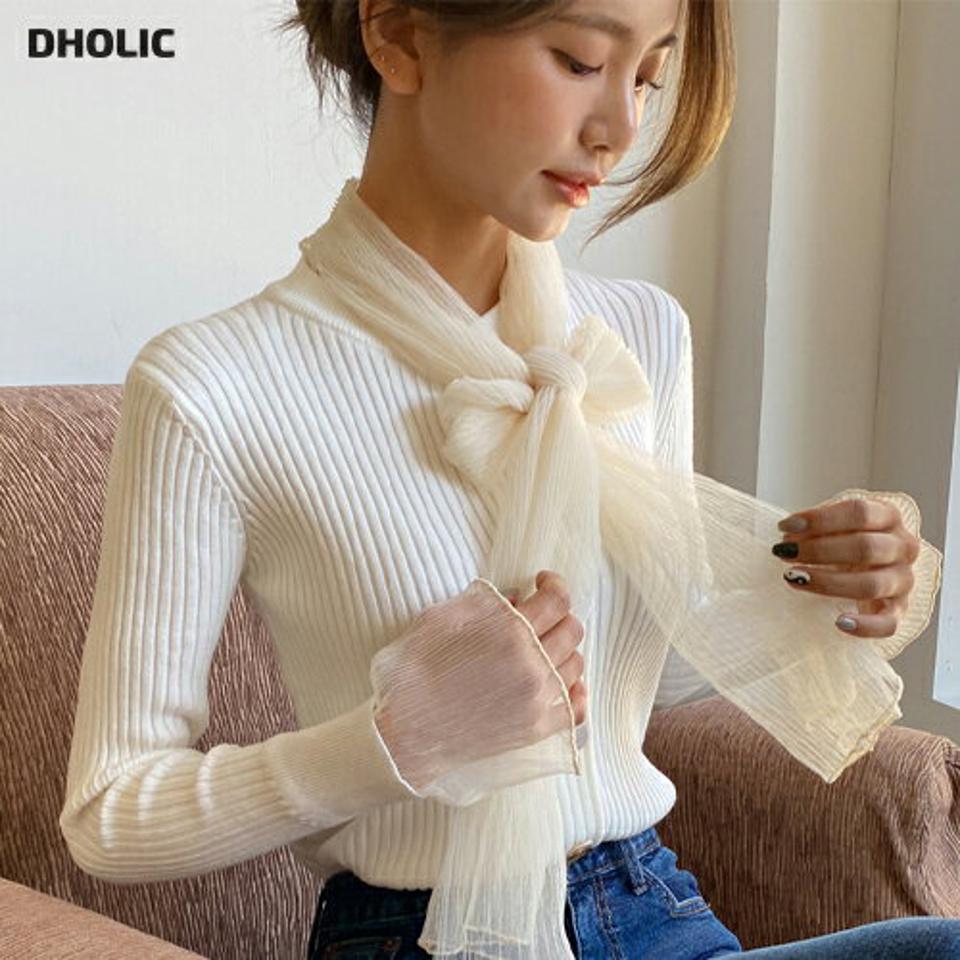 シアーリボンリブニット・全2色・t63335 レディース 【tops】韓国ファッション トップス ニット 大人 長袖 ラウンドネック シアー素材 リボン リブ スリム ボタン シンプル 体型カバー フェミニン カジュアル 秋 冬