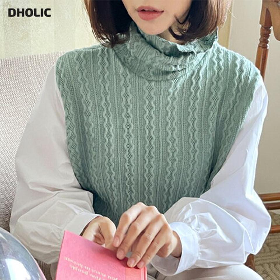 ウェーブ編みニットコントラストブラウス・全3色・b63370 レディース 【bl】韓国ファッション トップス ブラウス 長袖 タートルネック ウェーブ編み ニットコントラスト ラウンドカット シンプル 大人 体型カバー カジュアル フェミニン 秋 冬