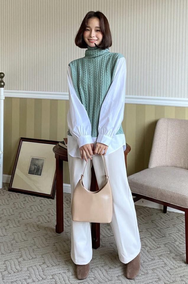 ウェーブ編みニットコントラストブラウス・全3色・b63370 レディース 【bl】韓国ファッション トップス ブラウス 長袖 タートルネック ウェーブ編み ニットコントラスト ラウンドカット シンプル 大人 体型カバー カジュアル フェミニン 秋 冬