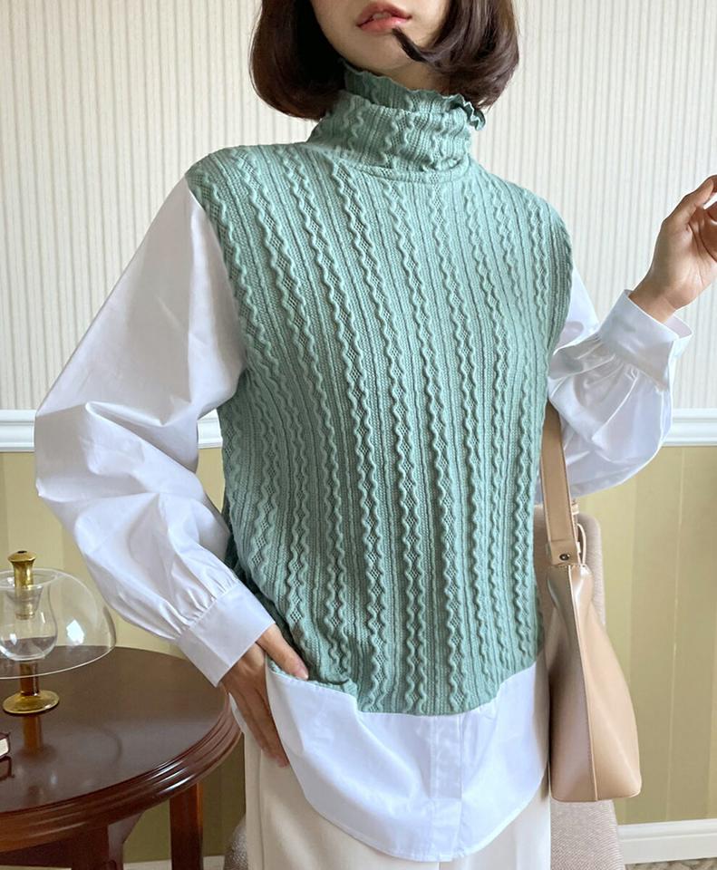 ウェーブ編みニットコントラストブラウス・全3色・b63370 レディース 【bl】韓国ファッション トップス ブラウス 長袖 タートルネック ウェーブ編み ニットコントラスト ラウンドカット シンプル 大人 体型カバー カジュアル フェミニン 秋 冬