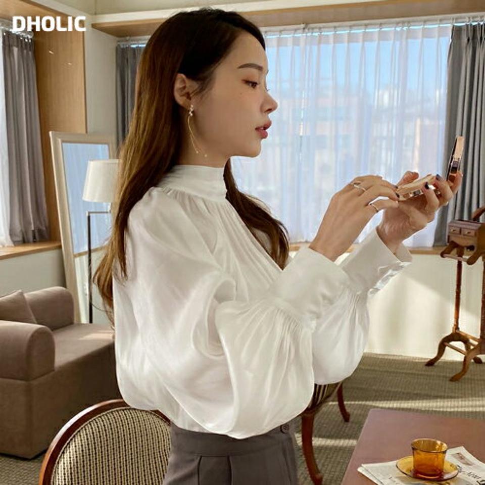 2WAYサテンボウタイブラウス・全3色・t71282 レディース 【bl】トップス ブラウス サテン ボウタイ 長袖 単色 無地 シンプル 2way 前後着用自由 フェミニン モダン 大人 きれいめ ギャザー 高級感 ハイネック 秋 冬 韓国ファッション ハイホリHIHOLLI