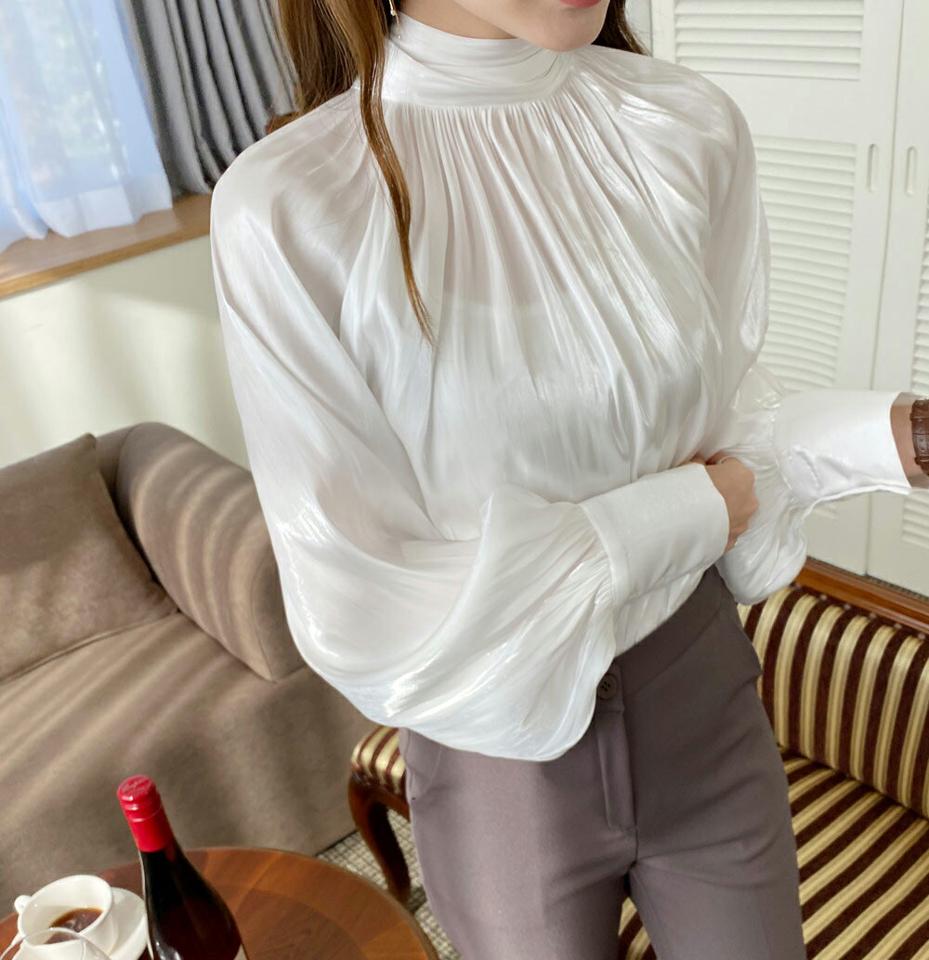 2WAYサテンボウタイブラウス・全3色・t71282 レディース 【bl】トップス ブラウス サテン ボウタイ 長袖 単色 無地 シンプル 2way 前後着用自由 フェミニン モダン 大人 きれいめ ギャザー 高級感 ハイネック 秋 冬 韓国ファッション ハイホリHIHOLLI