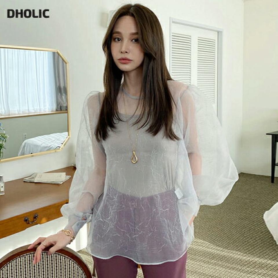 【10%OFF】シースルーシフォンブラウス・全3色・t71283 レディース 【bl】トップス ブラウス 長袖 シフォン シアー 透け感 フェミニン ガーリー かわいい パステル ボリューム袖 ラウンドネック レイヤード 秋 冬 春 韓国ファッション ハイホリHIHOLLI【blセール】