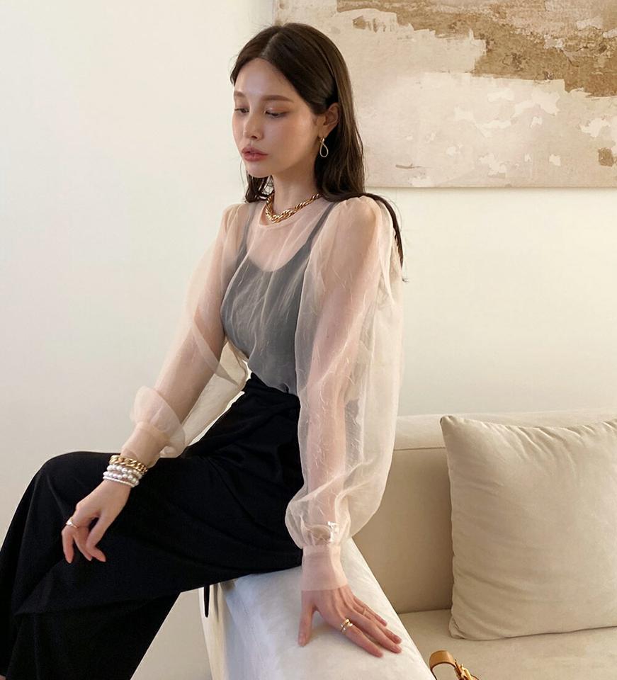 【10%OFF】シースルーシフォンブラウス・全3色・t71283 レディース 【bl】トップス ブラウス 長袖 シフォン シアー 透け感 フェミニン ガーリー かわいい パステル ボリューム袖 ラウンドネック レイヤード 秋 冬 春 韓国ファッション ハイホリHIHOLLI【blセール】