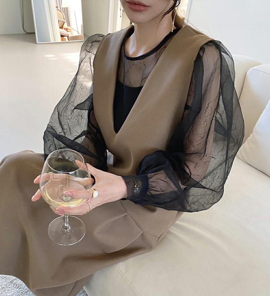 【10%OFF】シースルーシフォンブラウス・全3色・t71283 レディース 【bl】トップス ブラウス 長袖 シフォン シアー 透け感 フェミニン ガーリー かわいい パステル ボリューム袖 ラウンドネック レイヤード 秋 冬 春 韓国ファッション ハイホリHIHOLLI【blセール】