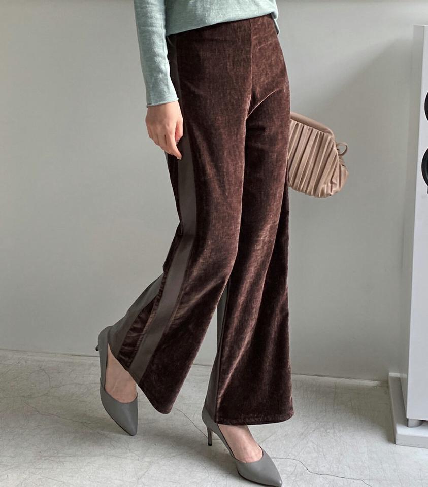 切替ワイドパンツ・全2色・b00774 レディース 【pt】パンツ ズボン ロングパンツ 長ズボン ワイドパンツ 単色 無地 シンプル 大人 フレア カジュアル ハイウエスト 秋 冬 韓国ファッション ハイホリHIHOLLI