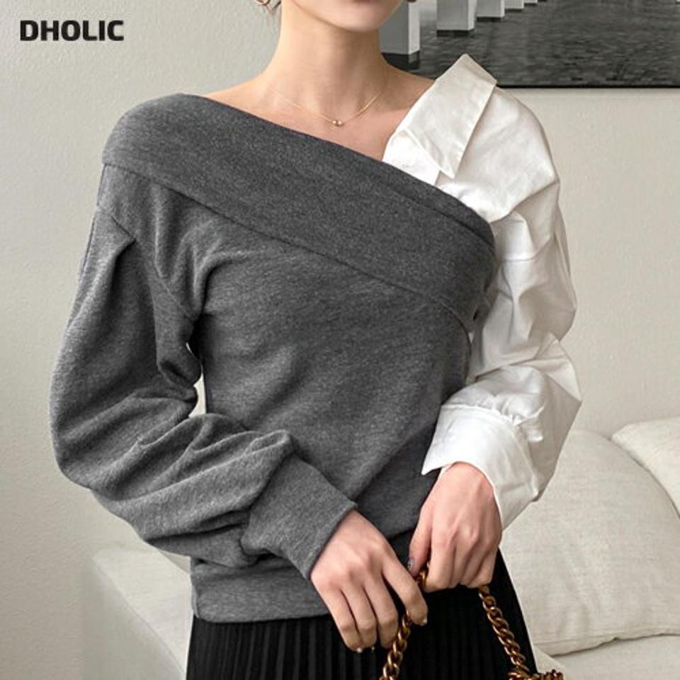 バイカラーシャツドッキングニット・全2色・t00756 レディース 【tops】トップス ニット 長袖 異素材 シンプル カジュアル 鎖骨 デコルテ きれいめ 秋 冬 韓国ファッション ハイホリHIHOLLI 年上