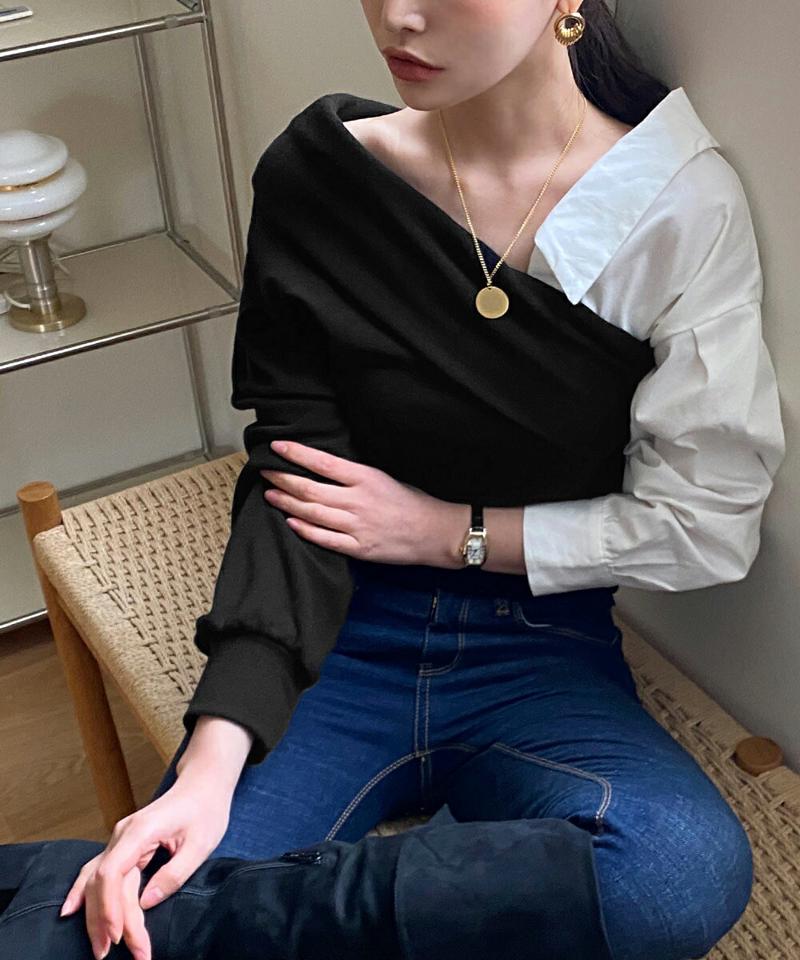 バイカラーシャツドッキングニット・全2色・t00756 レディース 【tops】トップス ニット 長袖 異素材 シンプル カジュアル 鎖骨 デコルテ きれいめ 秋 冬 韓国ファッション ハイホリHIHOLLI 年上