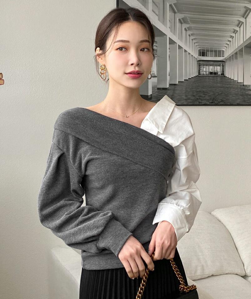 バイカラーシャツドッキングニット・全2色・t00756 レディース 【tops】トップス ニット 長袖 異素材 シンプル カジュアル 鎖骨 デコルテ きれいめ 秋 冬 韓国ファッション ハイホリHIHOLLI 年上