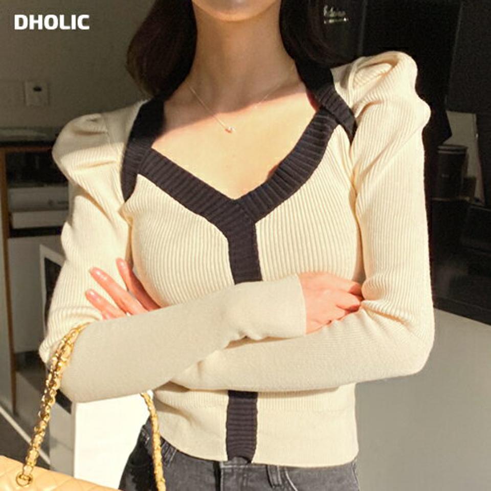 レイヤード風パフショルニット・全2色・b00754 レディース 【tops】トップス ニット 長袖 パショルダー パフ袖 デコルテ 鎖骨 大人 かわいい フェミニン 秋 冬 韓国ファッション ハイホリHIHOLLI