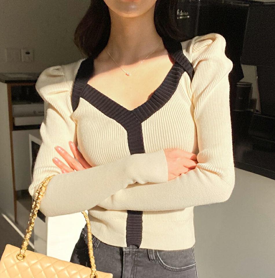 レイヤード風パフショルニット・全2色・b00754 レディース 【tops】トップス ニット 長袖 パショルダー パフ袖 デコルテ 鎖骨 大人 かわいい フェミニン 秋 冬 韓国ファッション ハイホリHIHOLLI