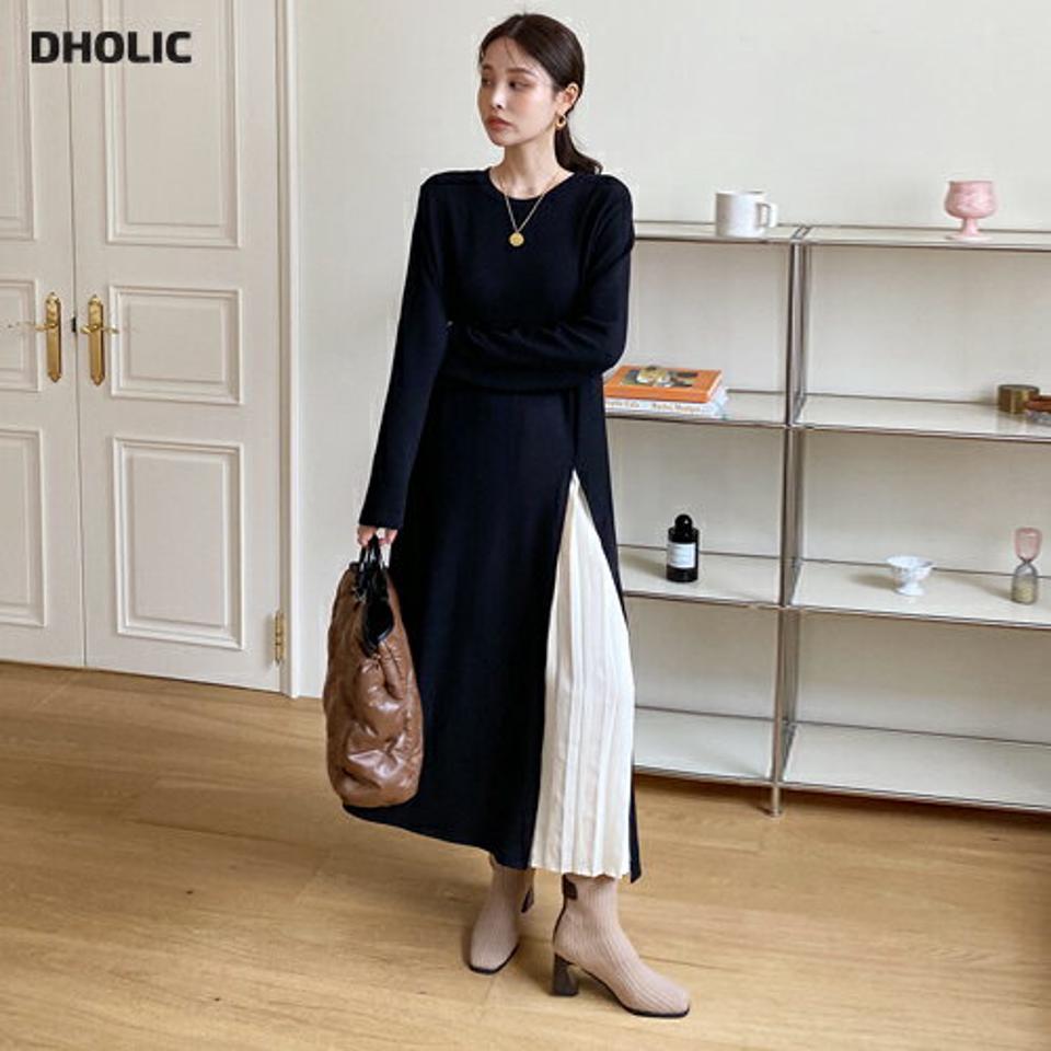 配色スリットニットワンピース・全2色・b00760 レディース 【ops】ワンピース ロング丈 ロングワンピース スリット ニット 長袖 配色 カジュアル シンプル ラフ 大人 秋 冬 韓国ファッション ハイホリHIHOLLI