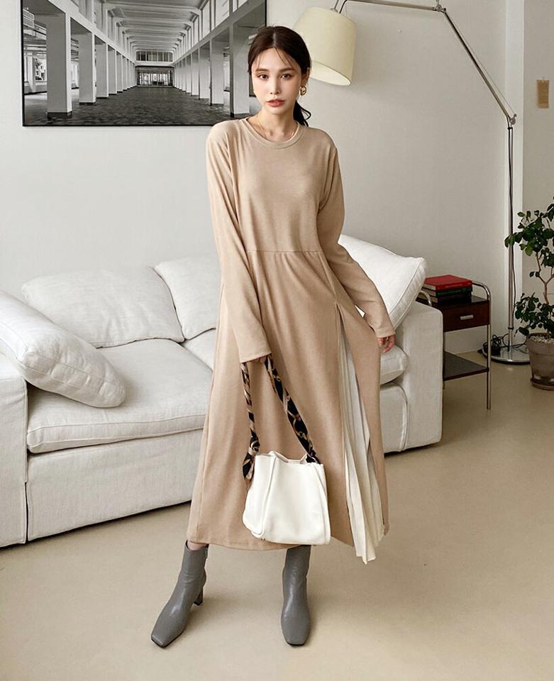 配色スリットニットワンピース・全2色・b00760 レディース 【ops】ワンピース ロング丈 ロングワンピース スリット ニット 長袖 配色 カジュアル シンプル ラフ 大人 秋 冬 韓国ファッション ハイホリHIHOLLI
