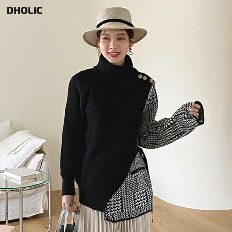 ゴールドボタンハウンドトゥースニット・全1色・b00758 レディース 【tops】トップス ニット 長袖 ハウンドトゥース 千鳥柄 千鳥格子 ゴールドボタン 大人 きれいめ タートルネック ハイネック ゆったり カジュアル 秋 冬 韓国ファッション ハイホリHIHOLLI