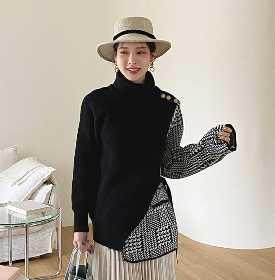 ゴールドボタンハウンドトゥースニット・全1色・b00758 レディース 【tops】トップス ニット 長袖 ハウンドトゥース 千鳥柄 千鳥格子 ゴールドボタン 大人 きれいめ タートルネック ハイネック ゆったり カジュアル 秋 冬 韓国ファッション ハイホリHIHOLLI