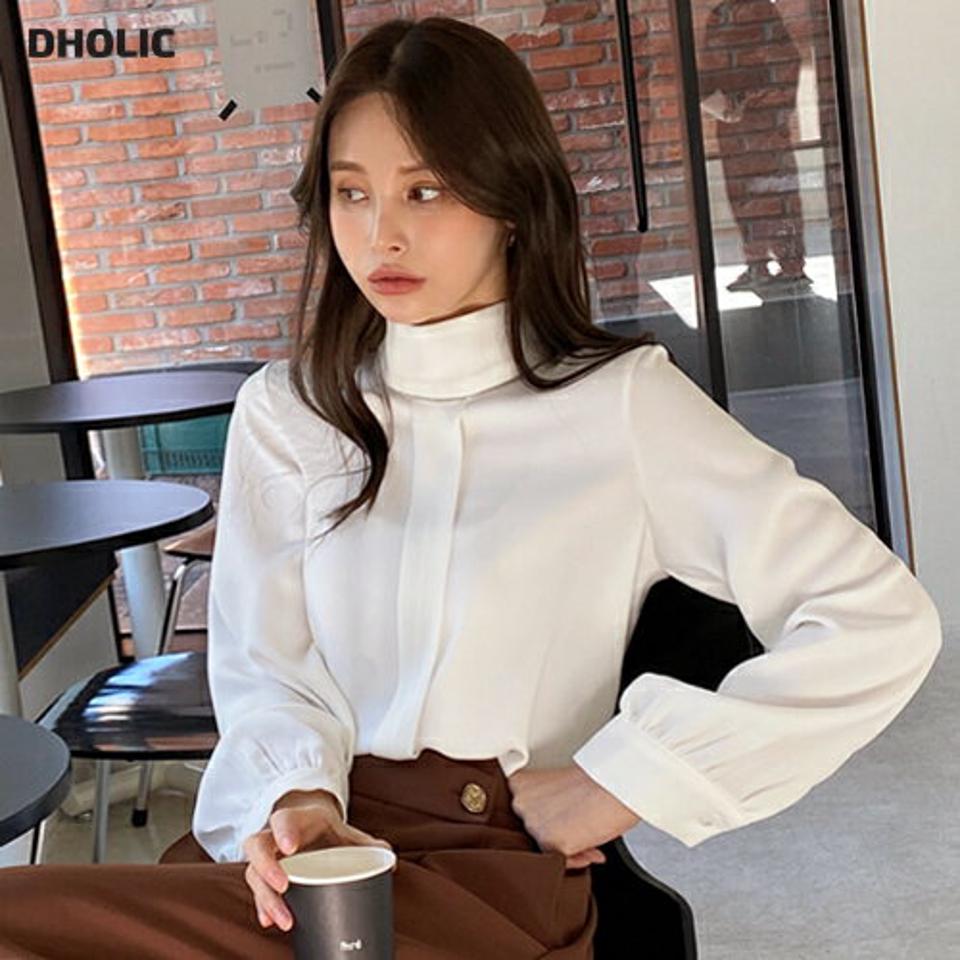 メタルラインピンタックブラウス・全2色・t00747 レディース 【bl】トップス ブラウス ピンタック 長袖　単色 無地 シンプル モダン 大人 ハーフネック 大人 オフィスカジュアル 秋 冬 韓国ファッション ハイホリHIHOLLI