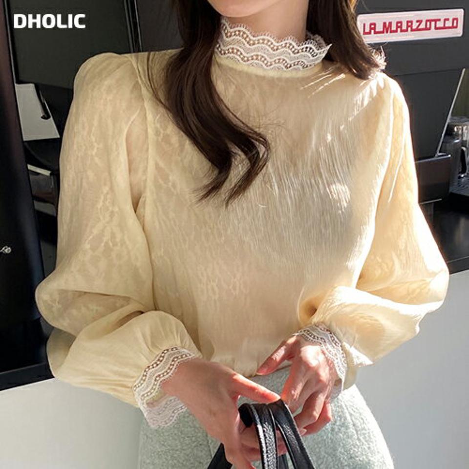 レースシースルーブラウス・全2色・b00748 レディース 【bl】トップス ブラウス 長袖 シースルー シア— 透け感 フェミニン レース 襟 大人 襟コン 秋 冬 春 韓国ファッション ハイホリHIHOLLI