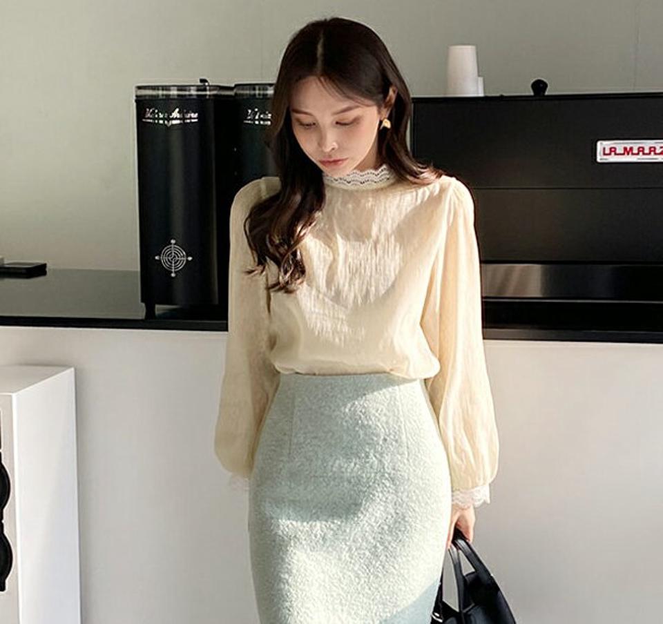 レースシースルーブラウス・全2色・b00748 レディース 【bl】トップス ブラウス 長袖 シースルー シア— 透け感 フェミニン レース 襟 大人 襟コン 秋 冬 春 韓国ファッション ハイホリHIHOLLI