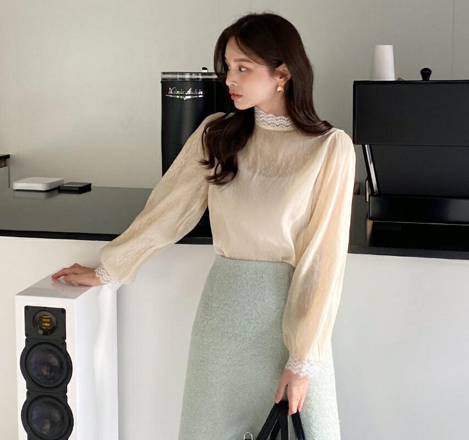 レースシースルーブラウス・全2色・b00748 レディース 【bl】トップス ブラウス 長袖 シースルー シア— 透け感 フェミニン レース 襟 大人 襟コン 秋 冬 春 韓国ファッション ハイホリHIHOLLI