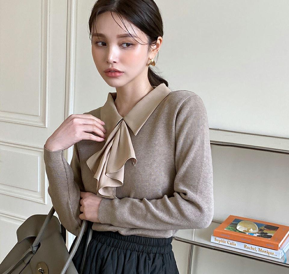 カラーフリルニット・全5色・b00757 レディース 【tops】トップス ニット 年上 長袖 襟 りぼん フリル 大人 フェミニン 上品 ニットトップス 単色 シンプル 秋 冬 韓国ファッション ハイホリHIHOLLI
