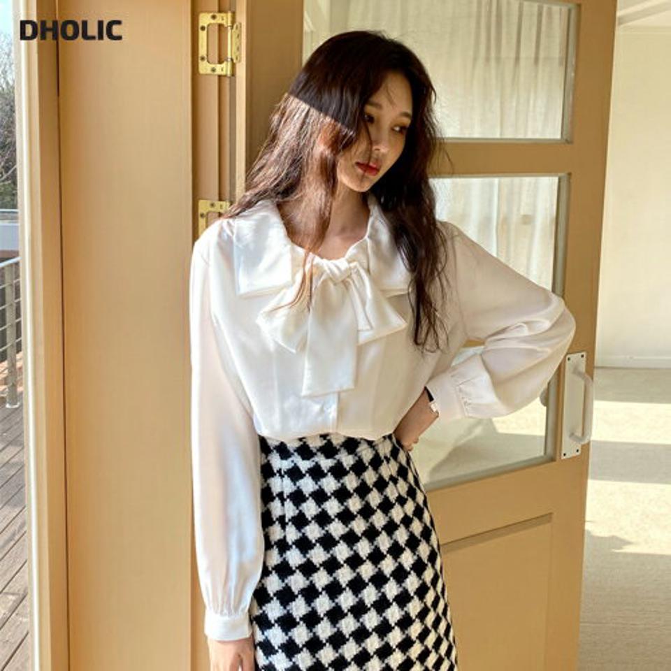 ボウタイカラーブラウス・全3色・63050 レディース 【bl】韓国ファッション トップス ブラウス 長袖 カラーネック ボウタイ リボン カフス ボタン 襟コン 無地 シンプル 大人 体型カバー カジュアル フェミニン 秋 冬