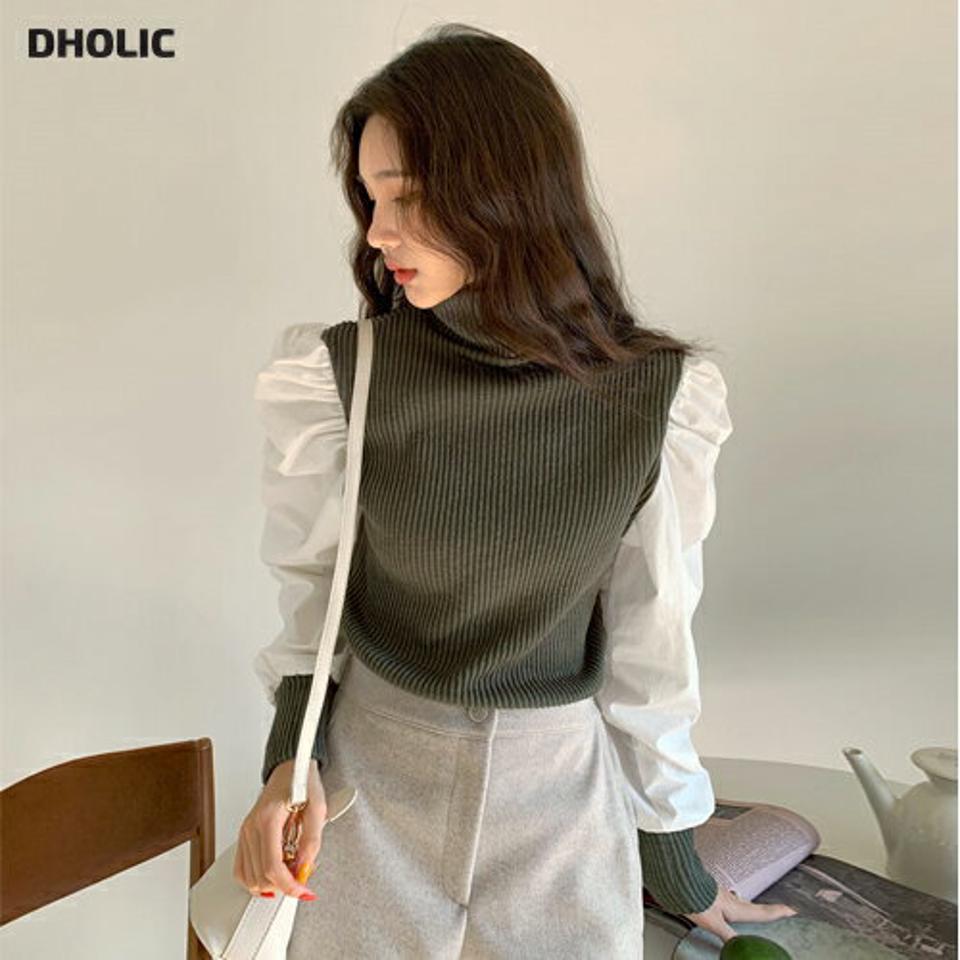 ≪人気商品再入荷≫パフコントラストニット・全2色・b63056 レディース 【tops】韓国ファッション 異素材 トップス 大人 長袖 タートルネック パフスリーブ ブラウスニット ギャザー ボリューム袖 バイカラー クリスマス シンプル フェミニン 秋 冬