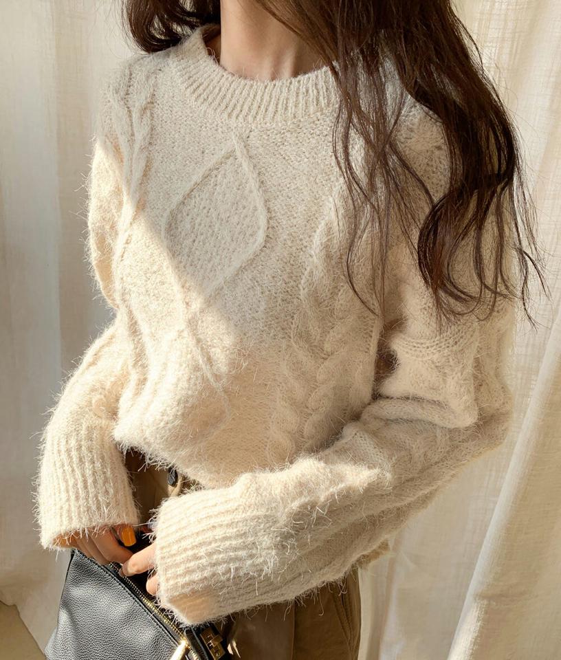 【只今10%OFF】ケーブルラウンドニット・全4色・t63027 レディース 【tops】韓国ファッション トップス ニット 大人 長袖 ラウンドネック ケーブル編み ドロップショルダー リブ 異素材 シンプル 体型カバー フェミニン カジュアル 秋 冬【ニットセール】