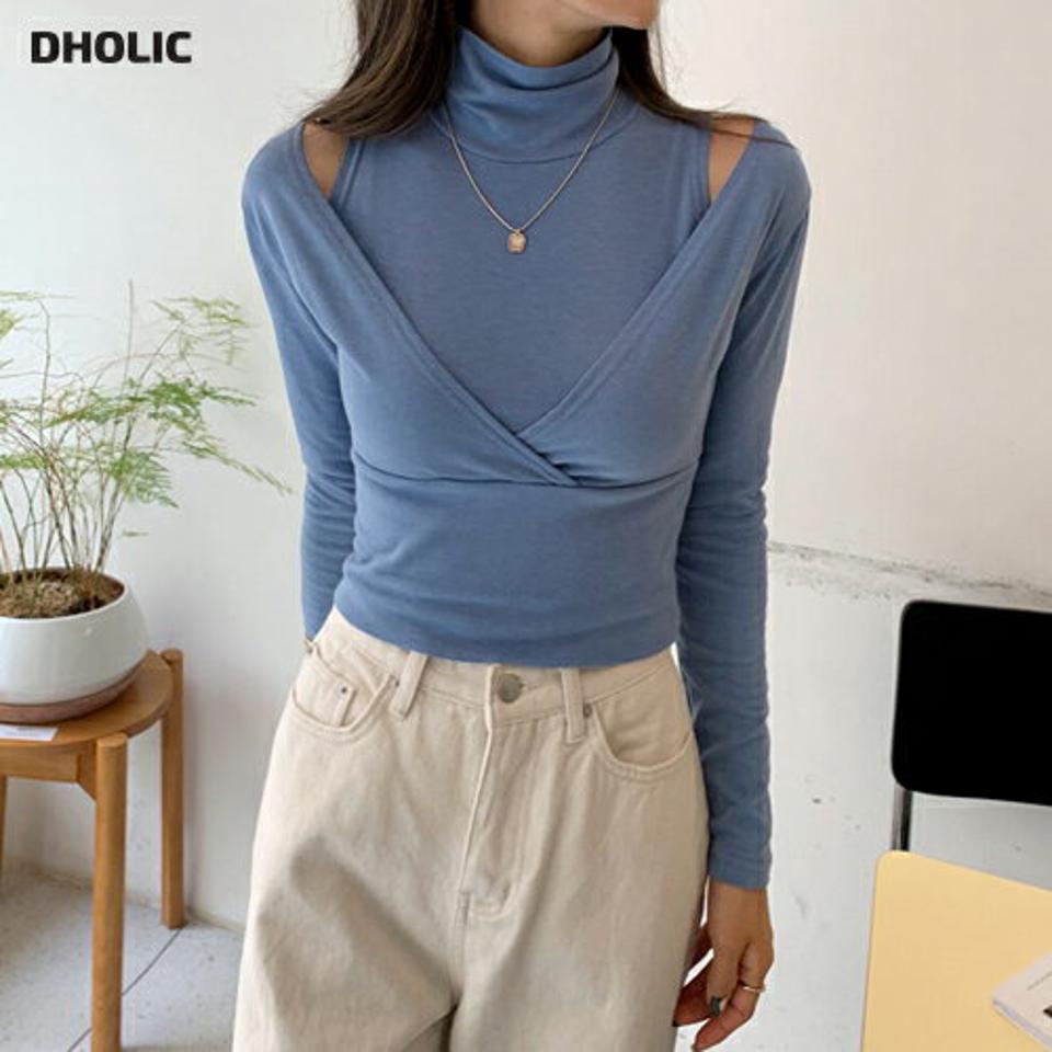 レイヤード風ハイネックTシャツ・全4色・t65911 レディース 【tops】韓国ファッション トップス Tシャツ 大人 長袖 ハイネック レイヤード風 カシュクール スリム 無地 シンプル 体型カバー 細身 フェミニン カジュアル 秋 冬