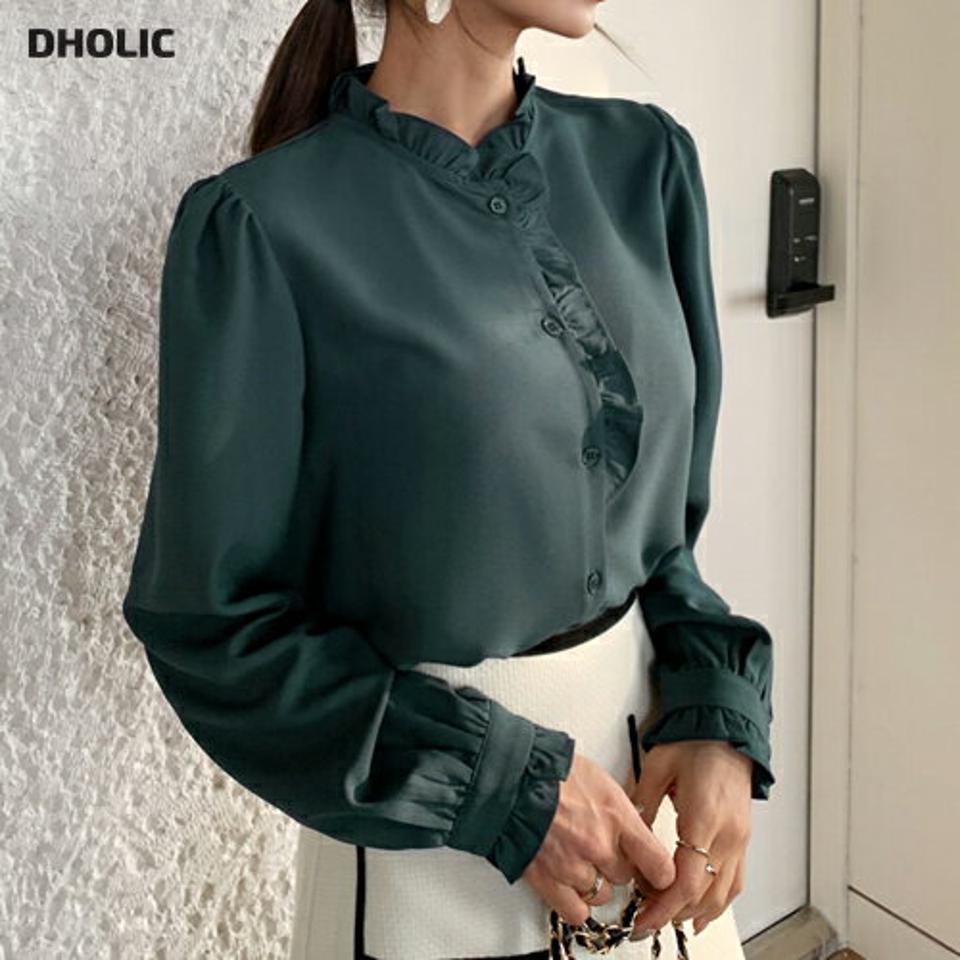 フリルボタンシフォンブラウス・全4色・65912 レディース 【bl】韓国ファッション トップス ブラウス 長袖 カフス フリル ボタン シフォン シンプル 大人 体型カバー 高級感 カジュアル フェミニン 秋 冬