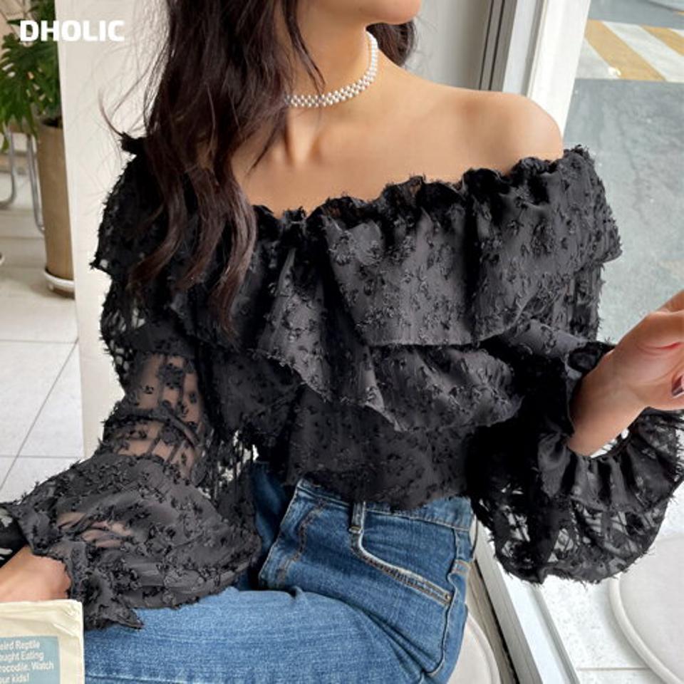 2WAYフェザー調ブラウス・全2色・t65915 レディース 【bl】韓国ファッション トップス ブラウス 長袖 オフショル Vネック フェザー調 パフ フリル シンプル 大人 体型カバー 高級感 カジュアル フェミニン 秋 冬