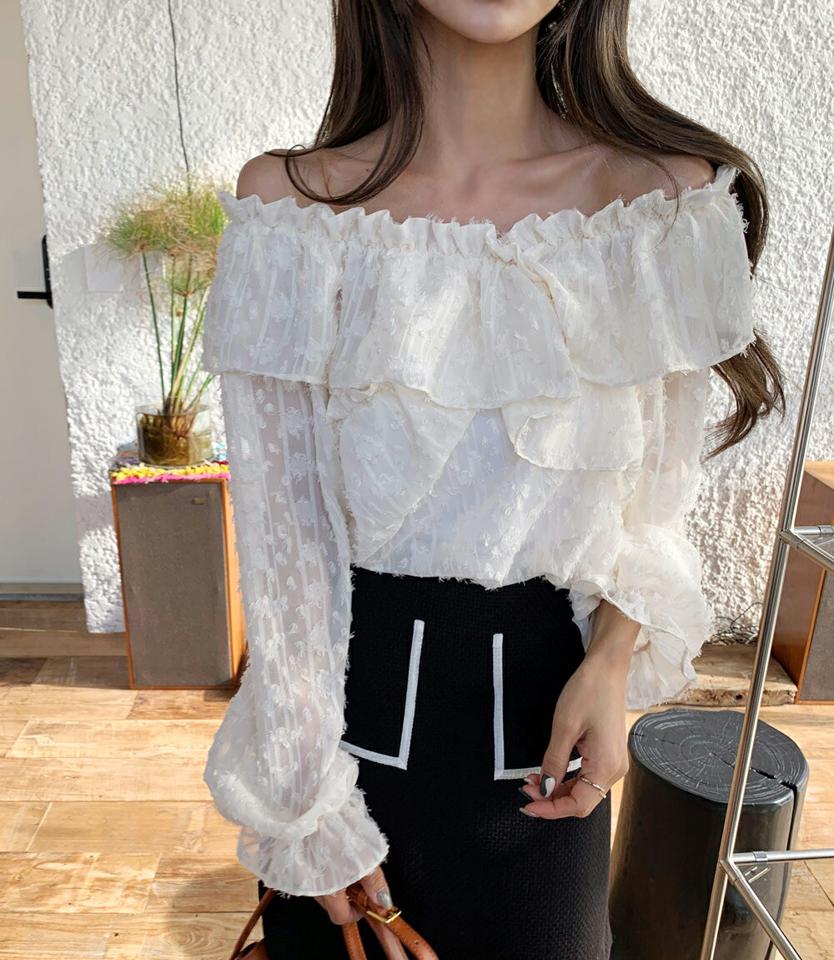 2WAYフェザー調ブラウス・全2色・t65915 レディース 【bl】韓国ファッション トップス ブラウス 長袖 オフショル Vネック フェザー調 パフ フリル シンプル 大人 体型カバー 高級感 カジュアル フェミニン 秋 冬