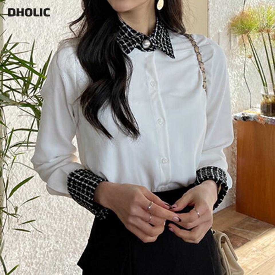 ≪人気商品再入荷≫ツイード配色カラーブラウス・全2色・b65944 レディース 【bl】韓国ファッション トップス ブラウス 長袖 カラーネック ツイード 配色カラー カフス モノトーン シンプル 大人 高級感 カジュアル フェミニン 秋 冬