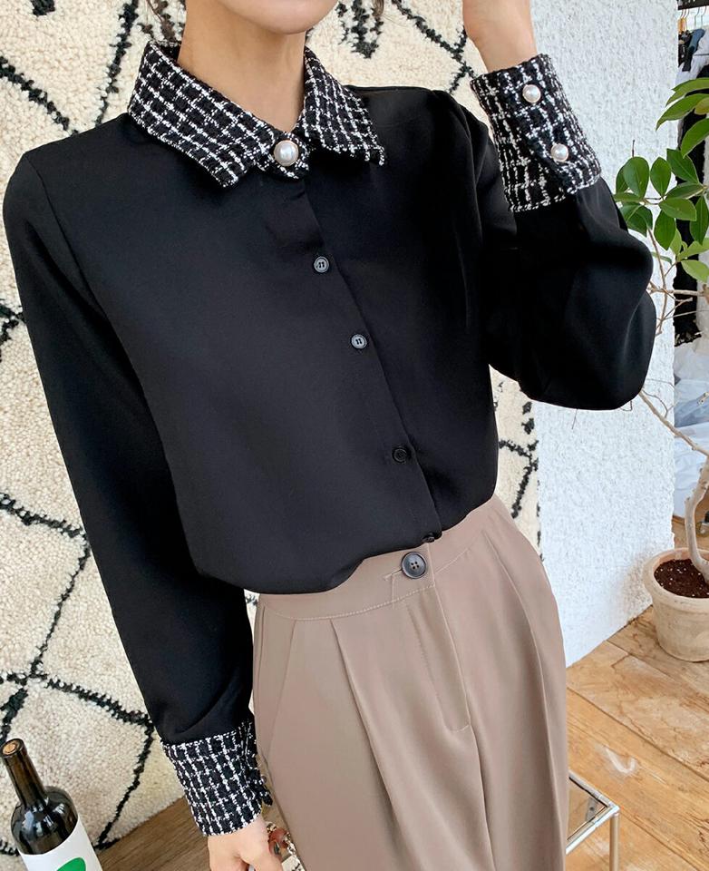 ≪人気商品再入荷≫ツイード配色カラーブラウス・全2色・b65944 レディース 【bl】韓国ファッション トップス ブラウス 長袖 カラーネック ツイード 配色カラー カフス モノトーン シンプル 大人 高級感 カジュアル フェミニン 秋 冬
