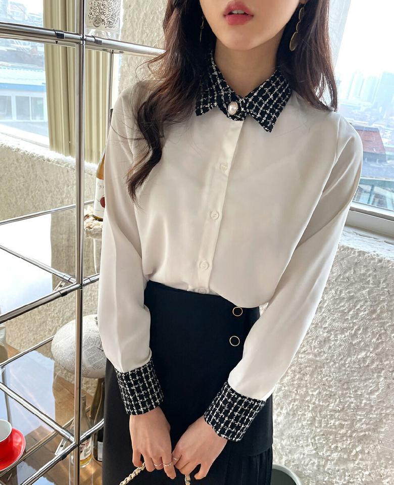 ≪人気商品再入荷≫ツイード配色カラーブラウス・全2色・b65944 レディース 【bl】韓国ファッション トップス ブラウス 長袖 カラーネック ツイード 配色カラー カフス モノトーン シンプル 大人 高級感 カジュアル フェミニン 秋 冬