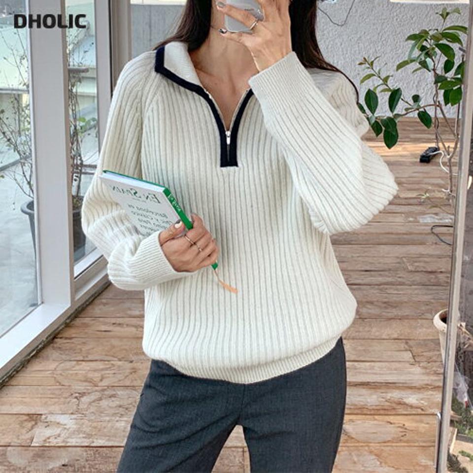 配色ハーフジップニット・全4色・t65945 レディース 【tops】韓国ファッション トップス ニット 大人 長袖 カラーネック 配色 ハーフジップ ウール混 保温性 シンプル 体型カバー フェミニン カジュアル ガーリー 秋 冬
