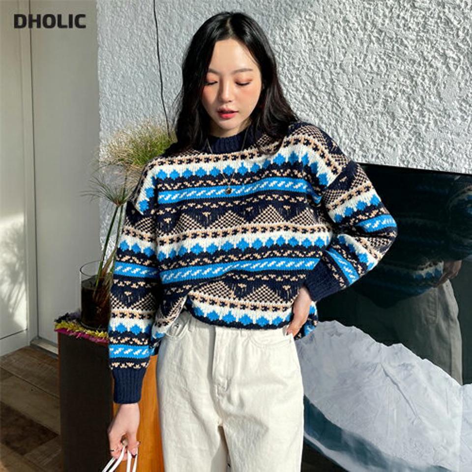 エスニックパターンニット・全3色・b65948 レディース 【tops】韓国ファッション トップス ニット 大人 長袖 ラウンドネック エスニック風 厚手 柄ニット ドロップショルダー ユニーク シンプル フェミニン ガーリー 秋 冬